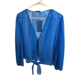 ZARA long sleeves blue semi sheer Tie Waist Top.       Button down, Size XXL.